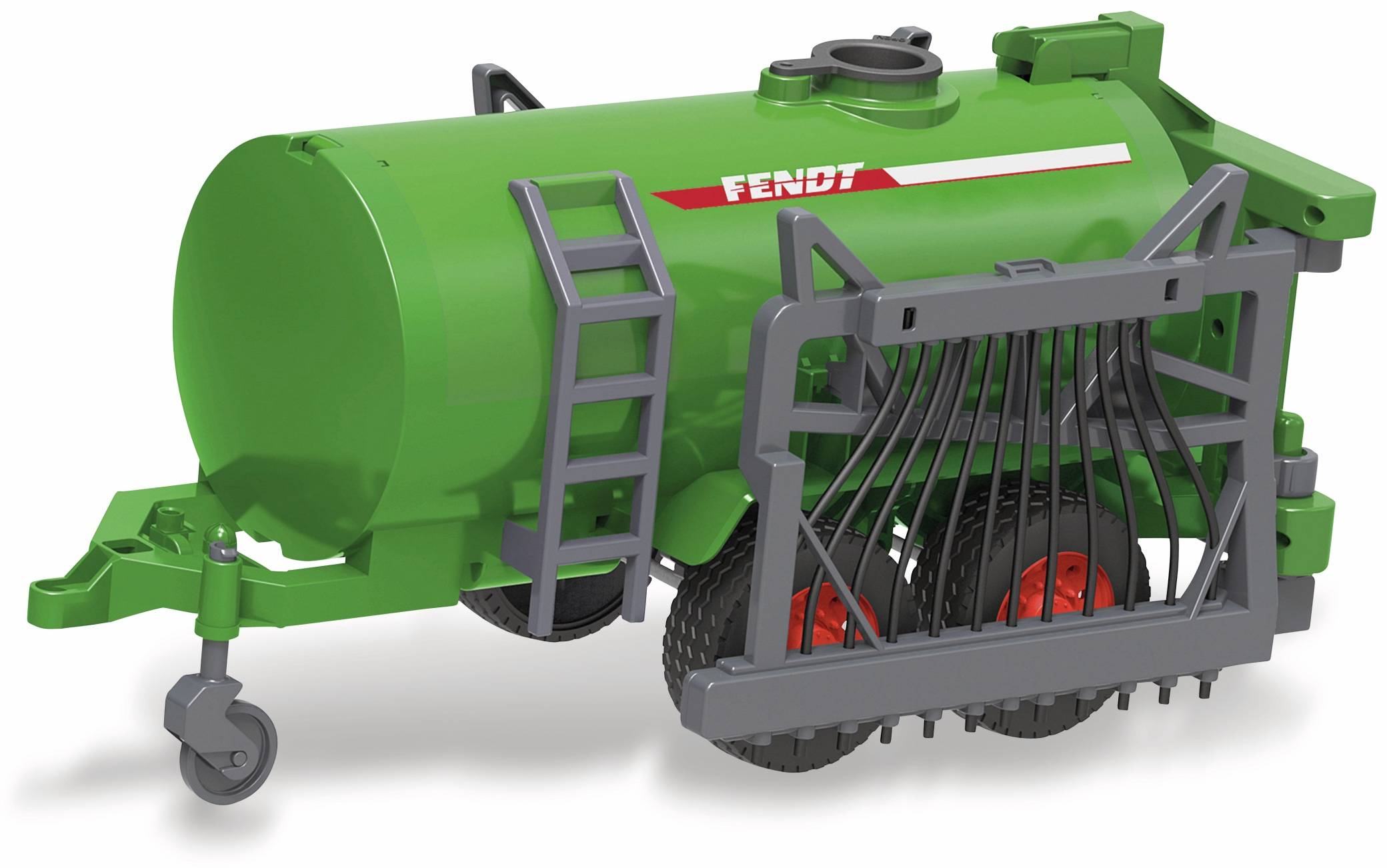 Grüner Fendt Landwirtschafts-Mischerwagen mit Leiter, Anhängerkupplung, Rad und vorderem Mischkorb auf weißem Hintergrund.