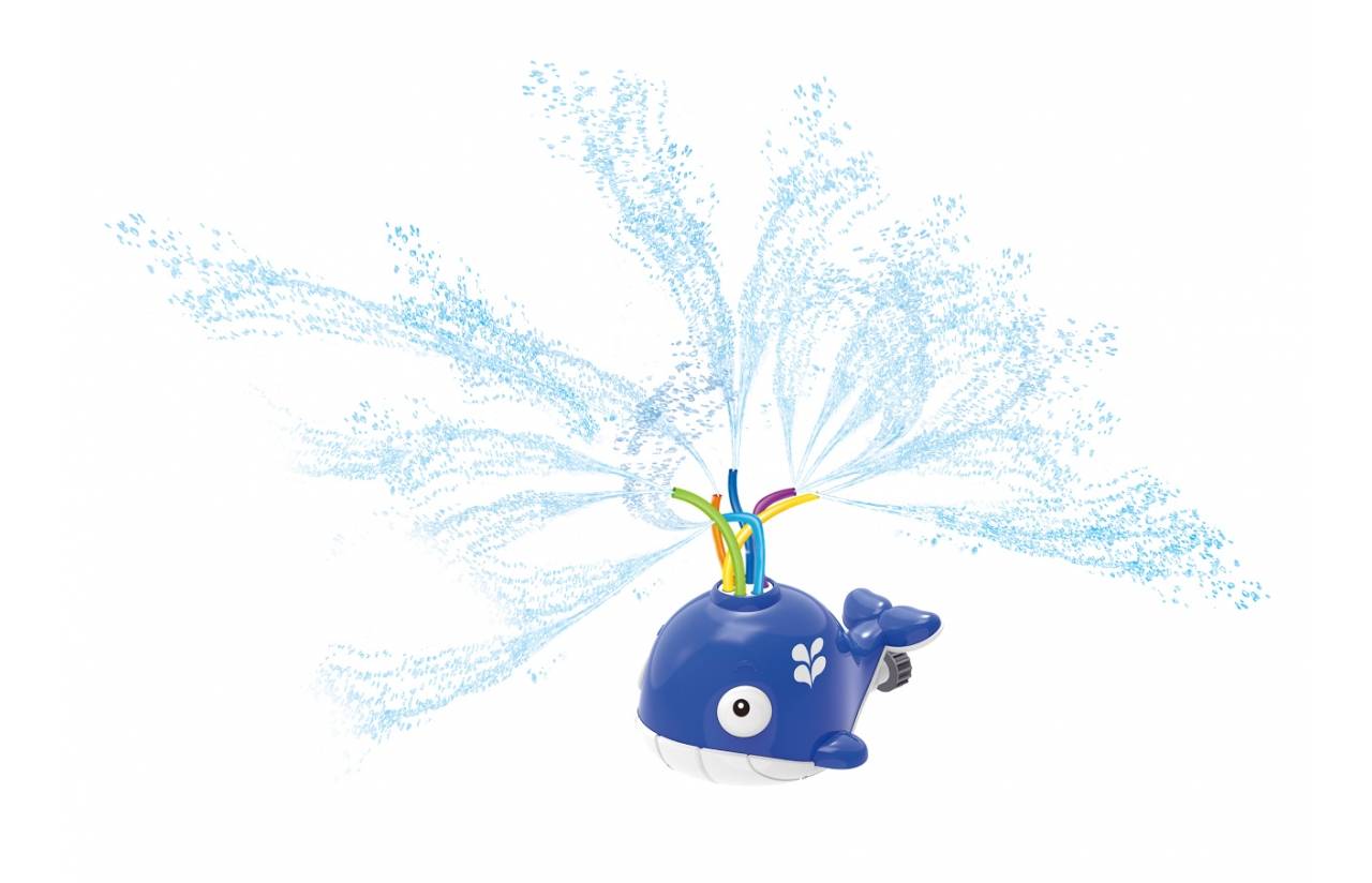 Blauwal-Spielzeug, das hellblaue Wasserstrahlen aus farbigen Rohren auf weißem Hintergrund spritzt.