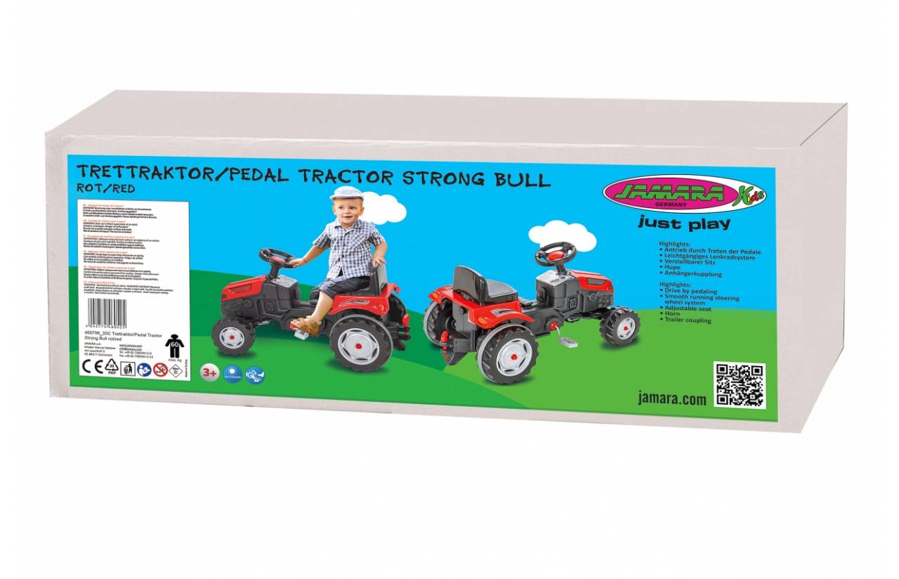 Boxed rot-schwarzer Trettraktor-Spielzeug für Kinder, mit der Bezeichnung "Strong Bull"" von Jamara, auf dem ein Junge sitzt und Produktdetails auf der Verpackung zu sehen sind.