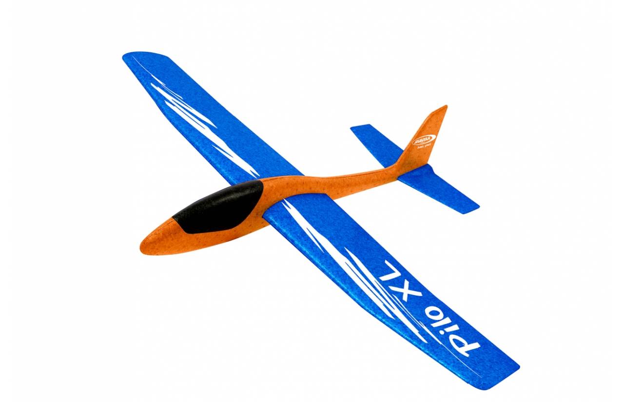 Blau-oranges Modellsegelflugzeug mit der Aufschrift „Pilo XL