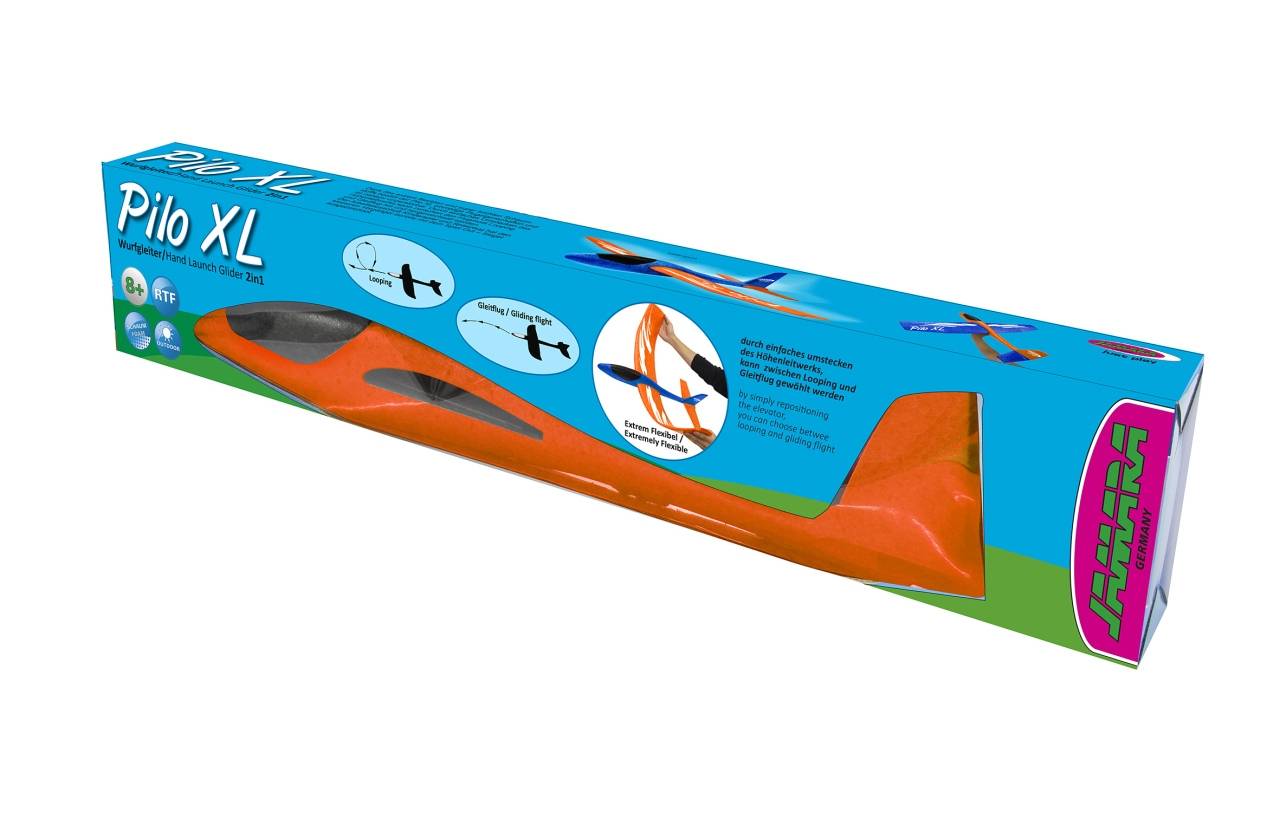 Schachtel für einen 'Pilo XL' Flugzeug-Spielsegler, gezeigt in blau, orange und grüner Verpackung mit Flugdiagrammen und '45' auf dem Endpanel.