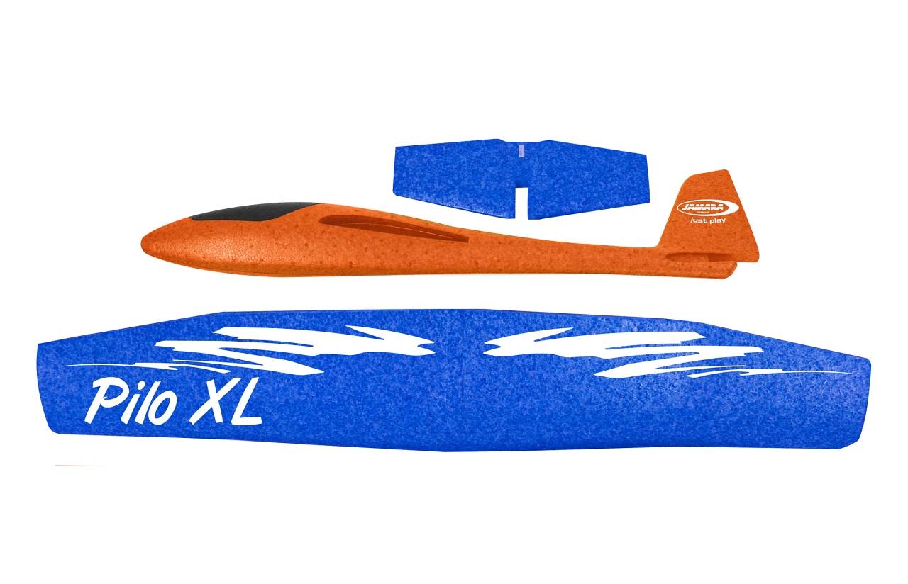 Explodierte Ansicht eines blau-orangen Pilo XL Segelflugzeug-Bausatzes, das Flügel, Rumpf und Leitwerkskomponenten getrennt auf weißem Hintergrund zeigt.