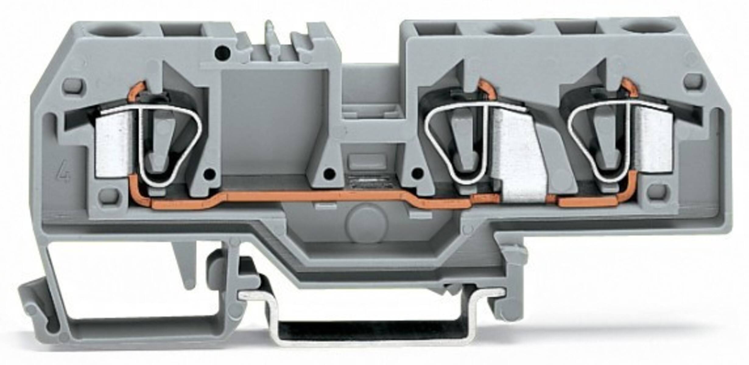 Ein Nahaufnahme-Bild eines grauen elektrischen Anschlussklemmenblocks, der die interne Struktur und Metallkomponenten zum Verbinden von Drähten zeigt.