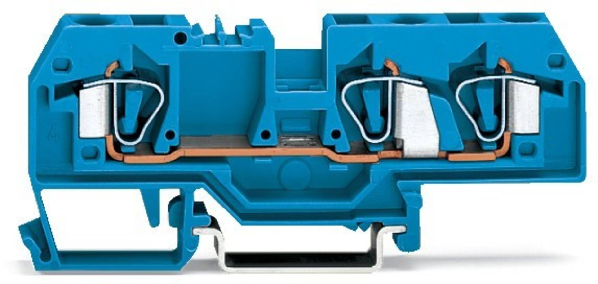 Querschnitt eines blauen elektrischen Anschlussklemmenblocks, der die interne Verdrahtung und Metallverbinder zeigt und dessen Struktur und Funktionalität veranschaulicht.