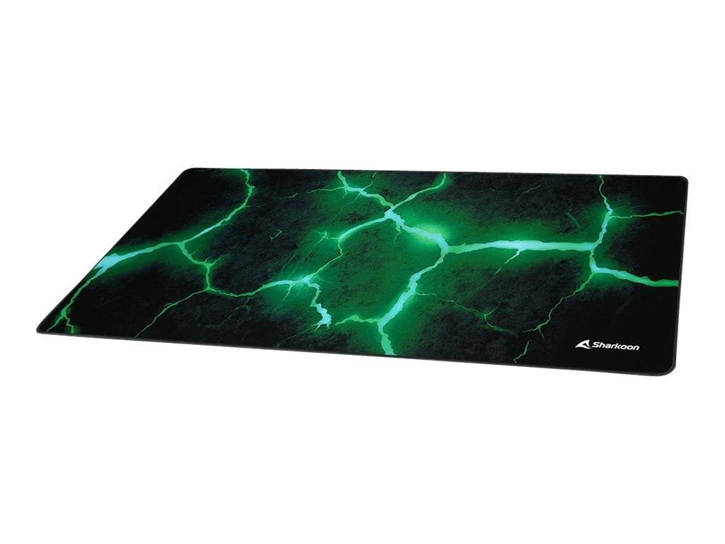 Schwarzes Gaming-Mousepad mit leuchtendem grünen Blitzdesign und Sharkoon-Logo in der Ecke.