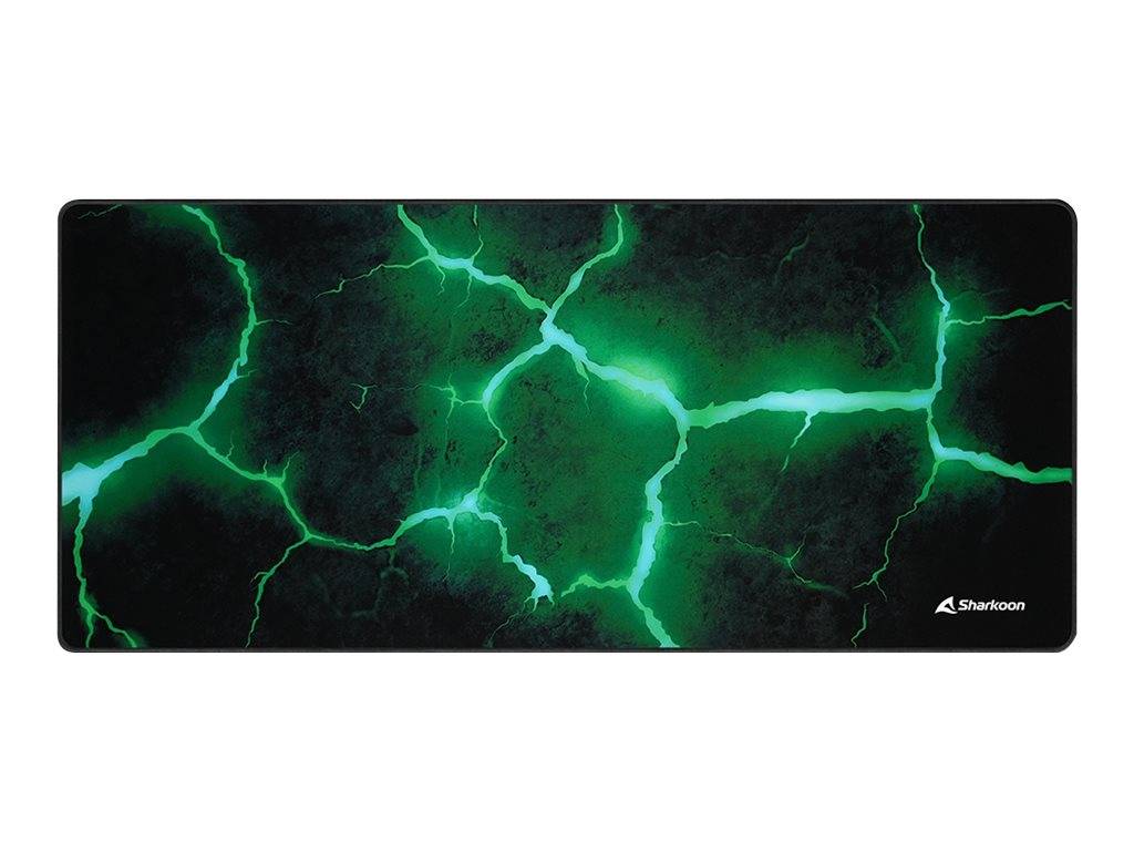 Schwarzes Mousepad mit einem leuchtend grünen Blitz-/Riss-Muster und kleinem Sharkoon-Logo in der unteren rechten Ecke.