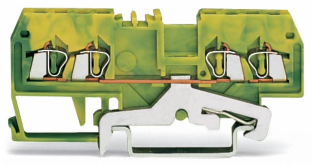 Ein grüner und gelber Klemmenblock mit Metallkontakten und einer Montageschiene zur Befestigung von elektrischen Leitungen.
