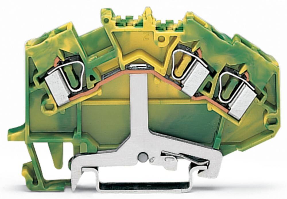 Eine Nahaufnahme eines grün-gelben Reihenklemmenblocks, der seine internen Metallverbinder zeigt, die für elektrische Verdrahtungsanwendungen konzipiert sind.