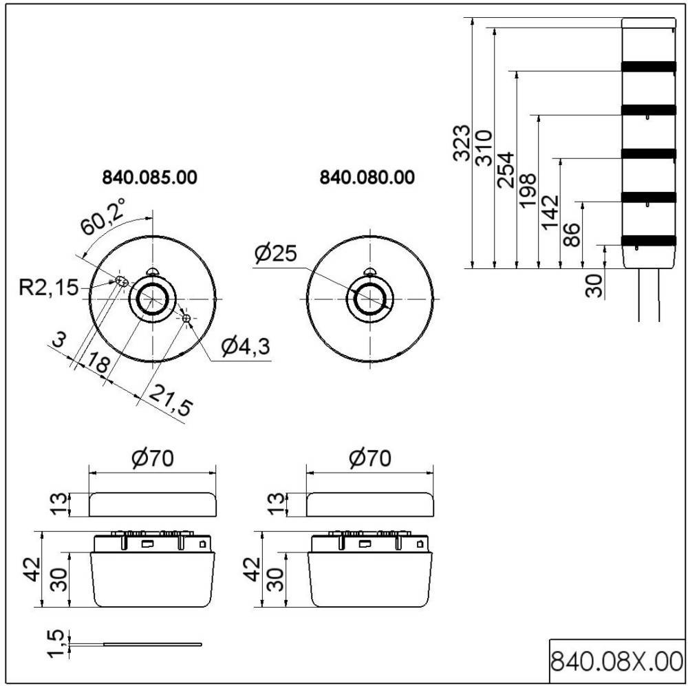 Technische Zeichnung einer zylindrischen Komponente mit in Millimetern beschrifteten Abmessungen, einschließlich Durchmesser, Winkeln und Seitenansichten.