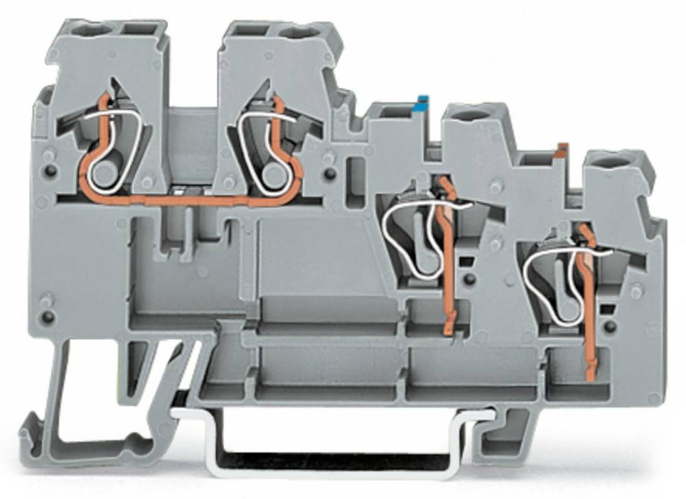 Eine Nahaufnahme eines grauen elektrischen Klemmenblocks mit sichtbaren Kabeln und Anschlusskomponenten, die die interne Struktur zeigt.