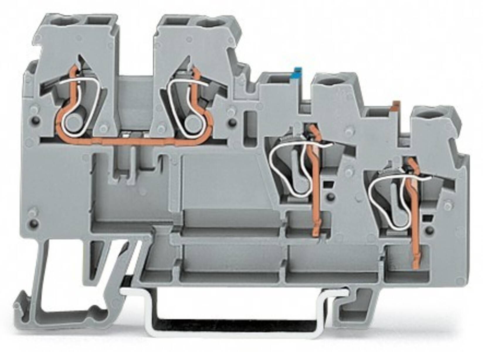 Querschnitt eines elektrischen Klemmenblockes, der die internen Verbinder und Stromkreispfade zeigt und die Struktur der Komponente veranschaulicht.