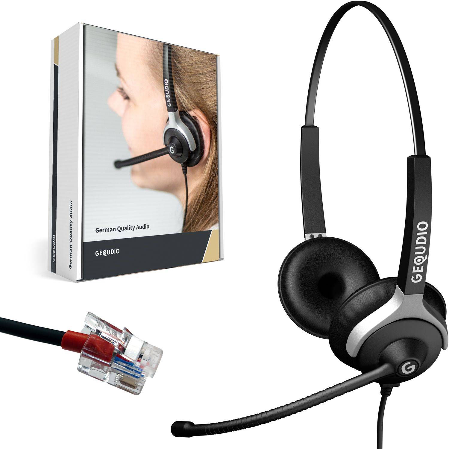 GEQUDIO Headset 2-Ohr für Yealink, Snom, Grandstream Telefon inklusive RJ Kabel, Lautstärkeregelung, Ersatz Polster