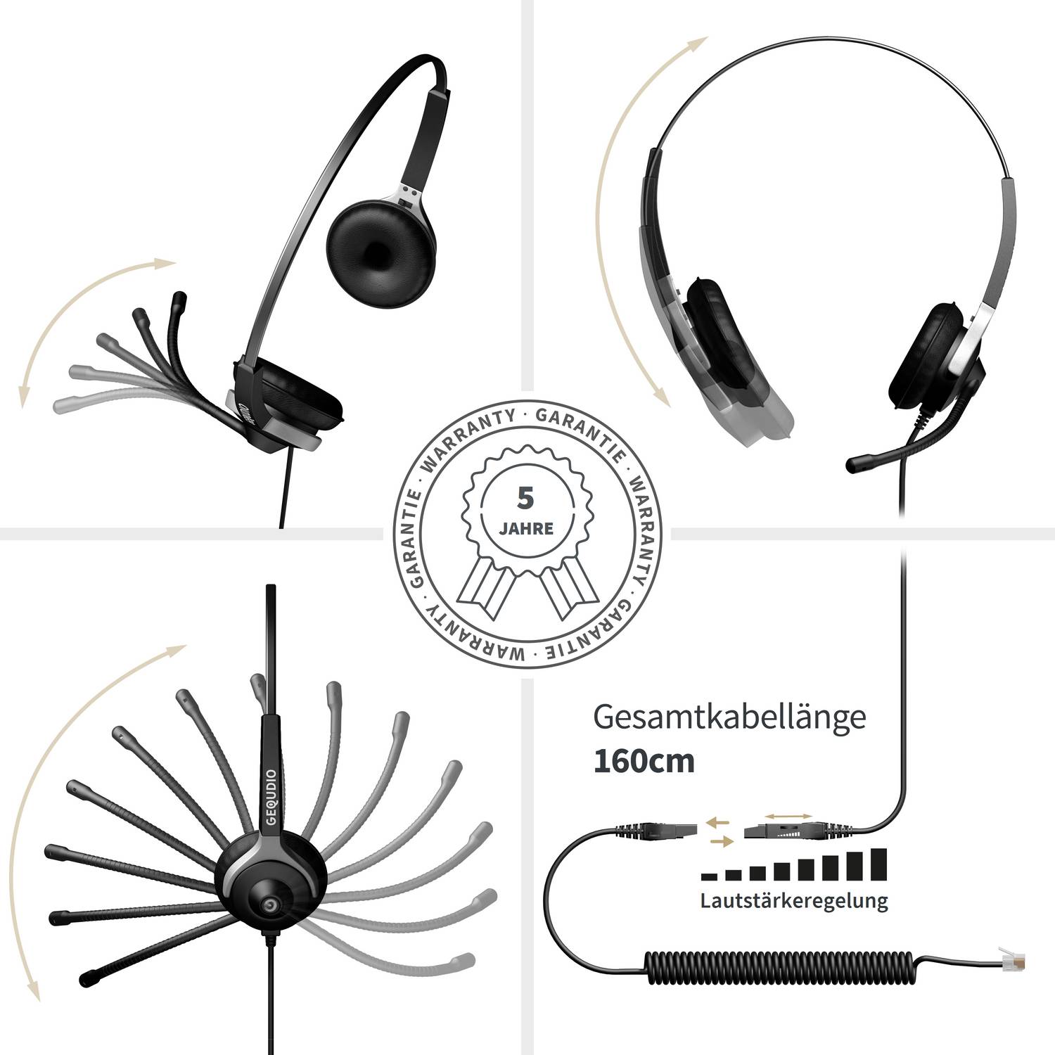 Collage eines schwarzen On-Ear-Kopfhörers mit Boom-Mikrofon, verstellbarer Kabellänge bis 160 cm und Lautstärkeregler, plus einem 5-Jahres-Garantie-Abzeichen.