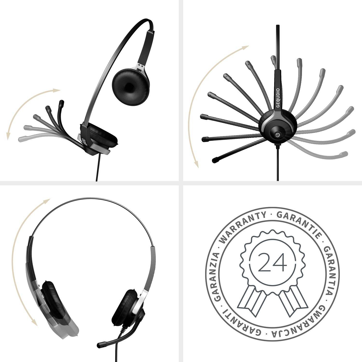 GEQUDIO Headset 2-Ohr mit 2,5mm Klinke für Gigaset, Panasonic, Grandstream, Cisco SPA, Polycom Telefon, inklusive Kabel
