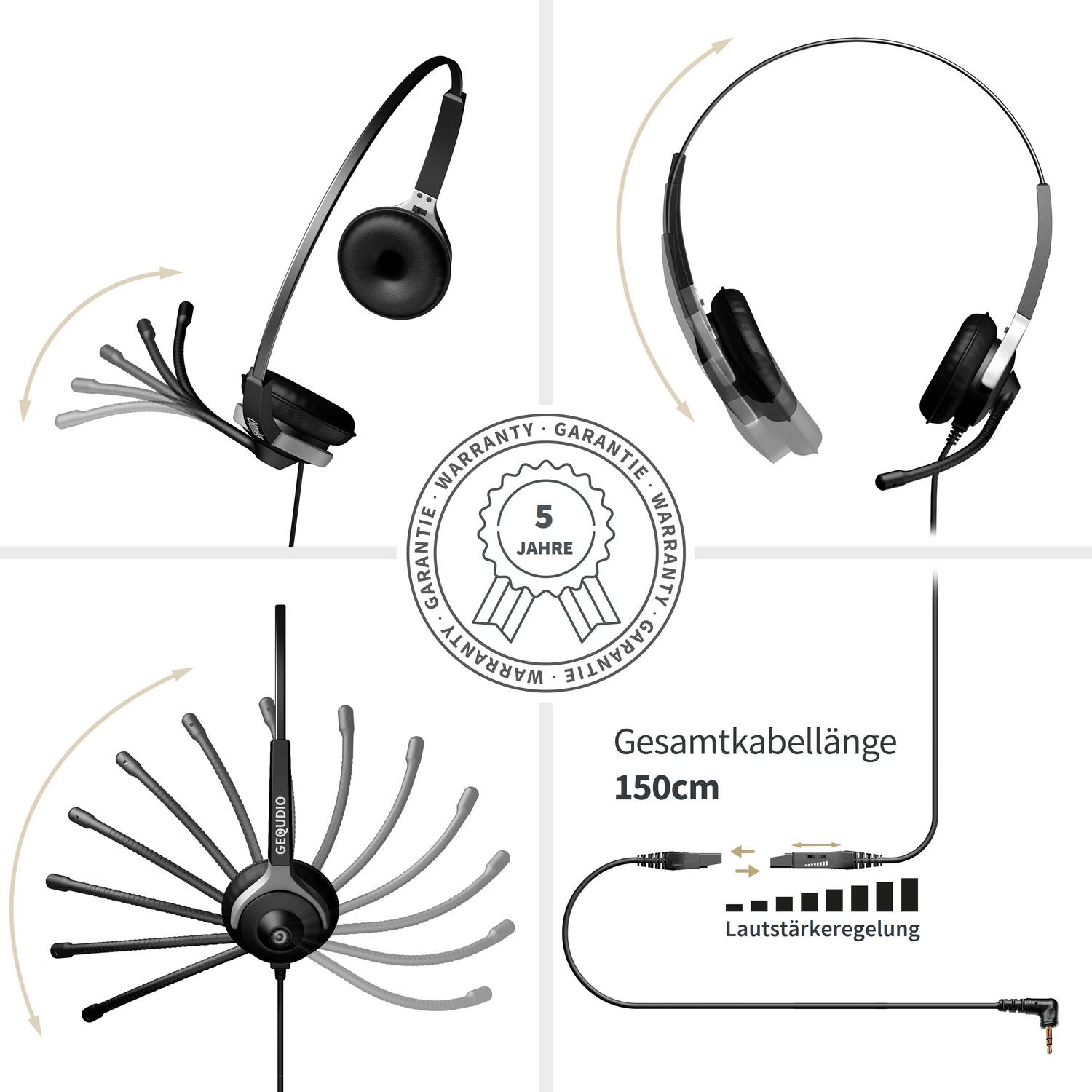Collage eines schwarzen Over-Ear-Kopfhörers mit Boom-Mikrofon, das verstellbare Positionen, ein 150-cm-Kabel mit Lautstärkeregler und ein 5-Jahres-Garantiesiegel zeigt.