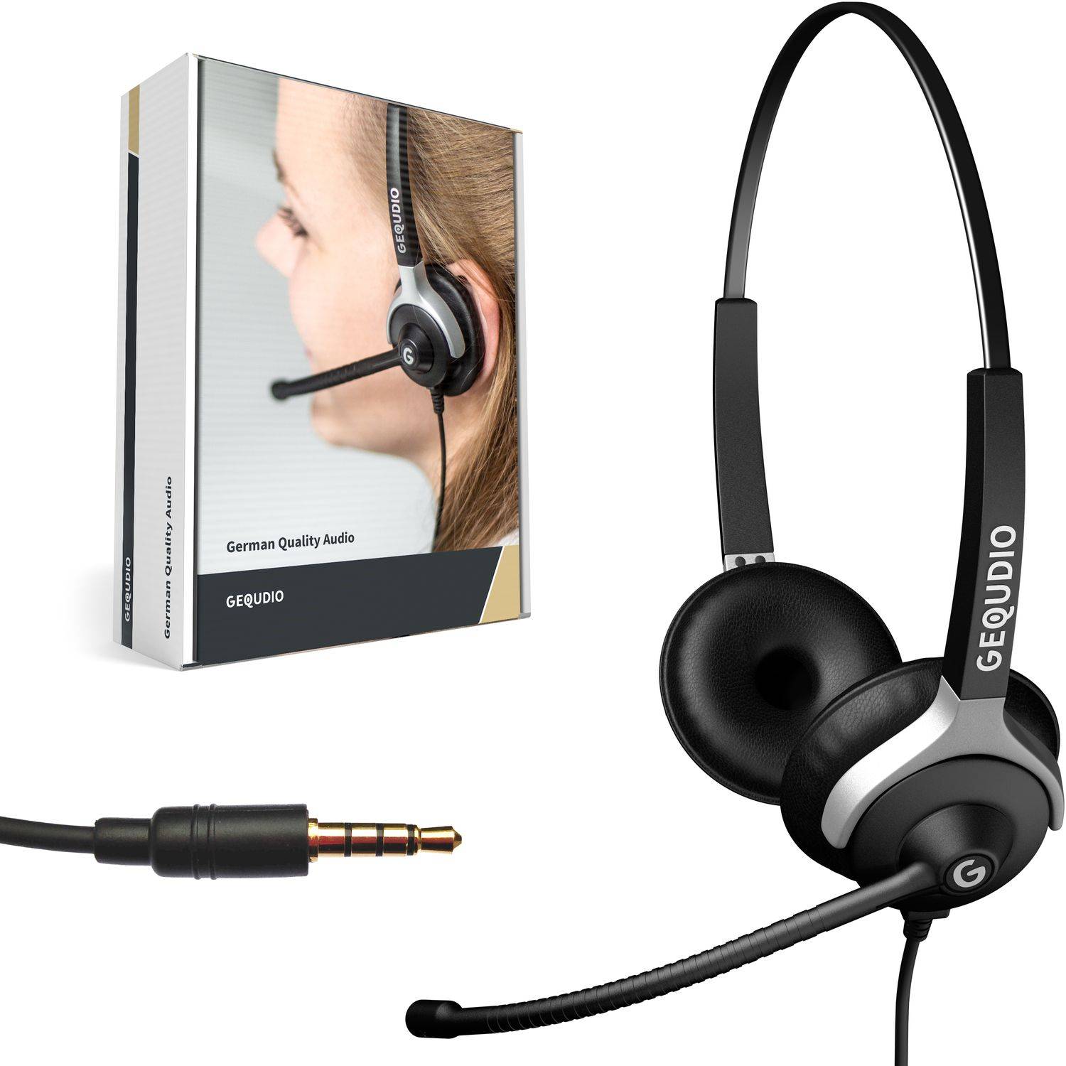 GEQUDIO Headset 2-Ohr mit 3,5mm Klinke für FritzFon C6 X6, MacBook, Smartphone, Notebook, PC, Laptop, inklusive Kabel