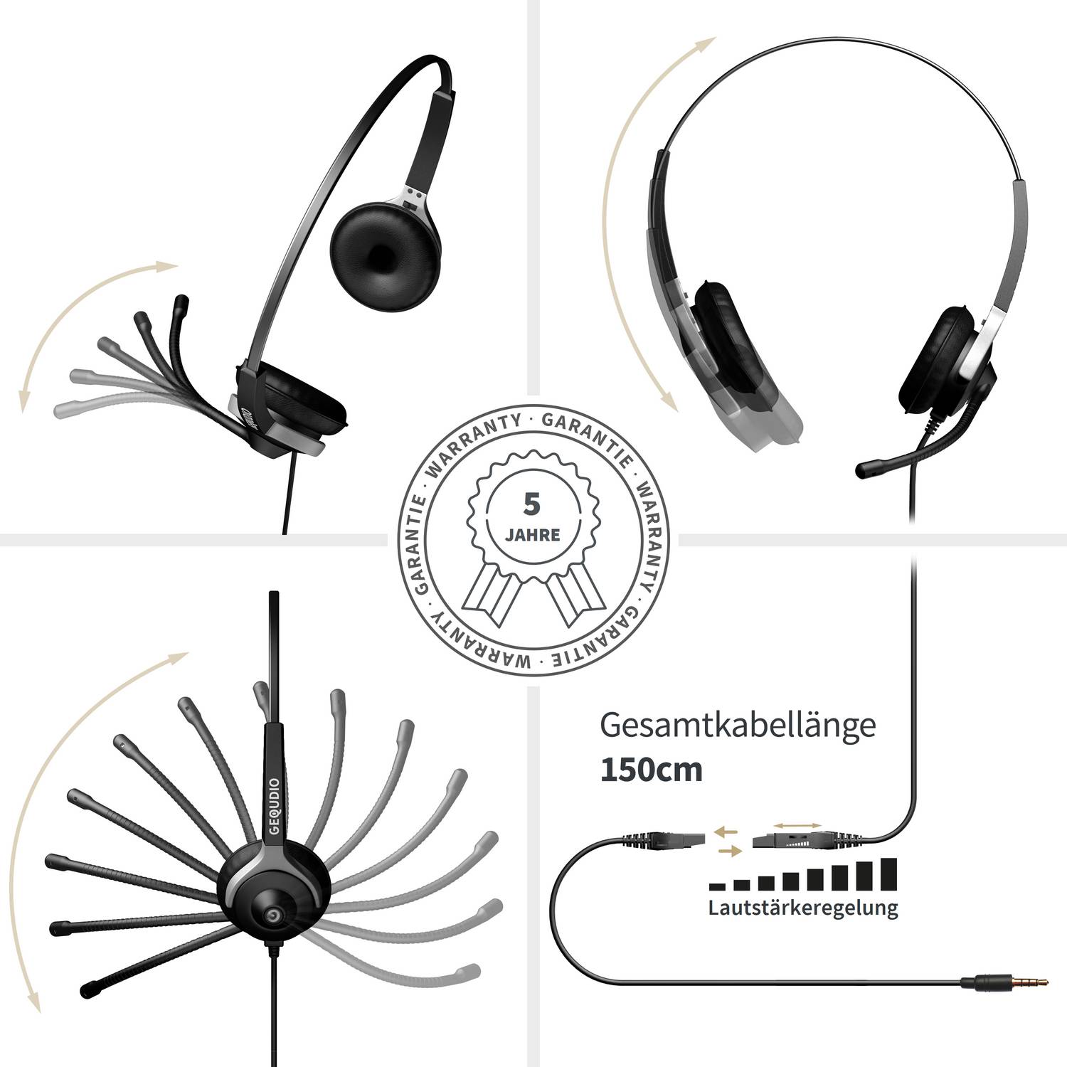 Infografik eines kabelgebundenen Headsets mit einstellbarem Boom-Mikrofon, 150 cm Kabel mit integrierter Lautstärkeregelung und 5-Jahres-Garantieplakette.