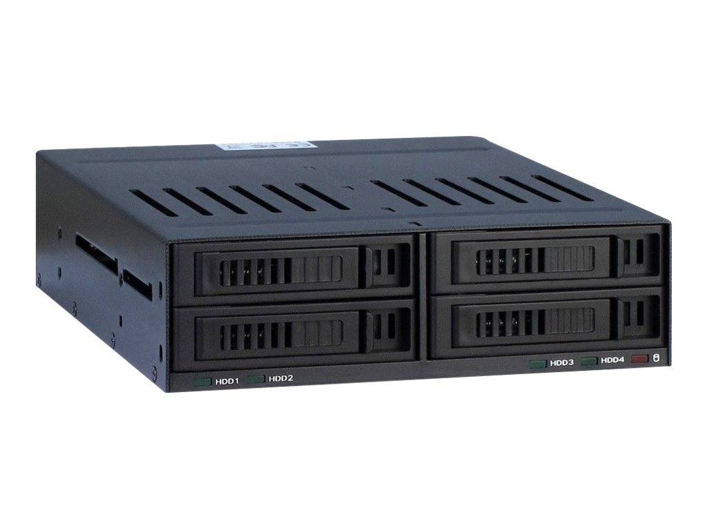 Schwarze Metall-Computerspeicher-Gehäuse mit vier vorderen Laufwerk-Schächten und Belüftungsschlitzen oben, gezeigt auf weißem Hintergrund.