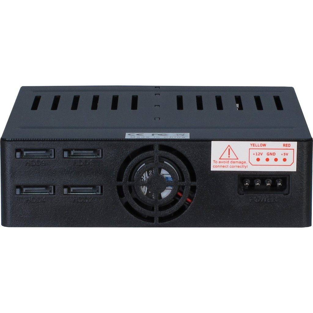 Schwarze elektronische Gerätefrontplatte mit vier USB-Anschlüssen, Kühlventilator und beschriftetem Stromverbinder mit Schaltplan für +12V, GND und +5V Verdrahtung.