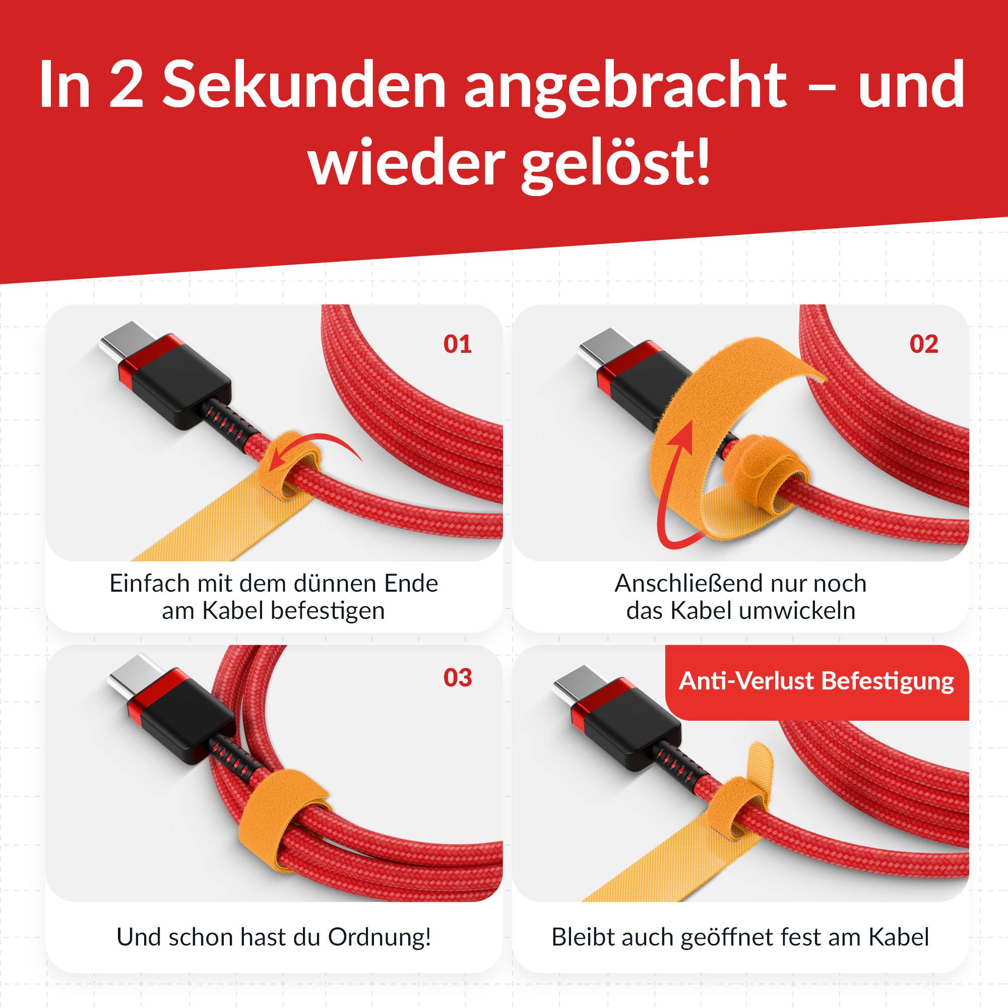 Deutsches Infografik-Plakat für einen Kabelorganizer: das dünne Ende am Kabel befestigen, um die Schnur wickeln und es bleibt sicher befestigt, auch wenn es offen ist.