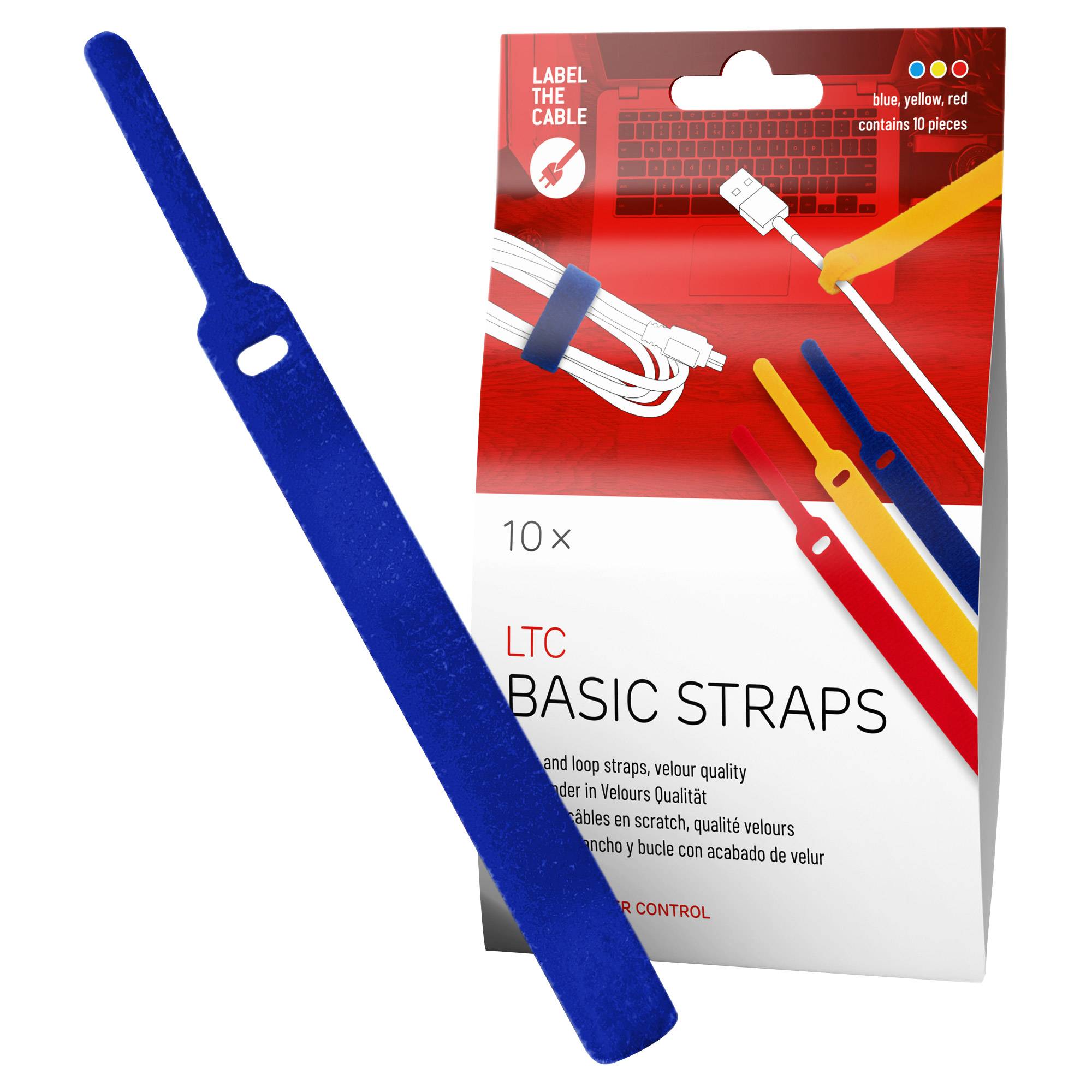 Blauer Kabelbinder shown vor der Verpackung für LTC Basic Straps, eine 10er-Packung farbiger Kabeletiketten/Bänder.