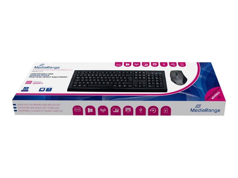 In einer Schachtel verpacktes kabelloses Tastatur- und Maus-Set mit MediaRange-Branding und rosa Akzentsymbolen auf der Verpackung.