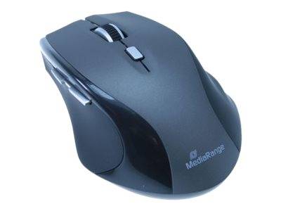 Schwarze kabellose Computermaus mit Scrollrad und Seitentasten, auf weißem Hintergrund dargestellt.