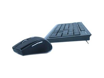 Schwarzes kabelloses Tastatur- und Mausset auf weißem Hintergrund.
