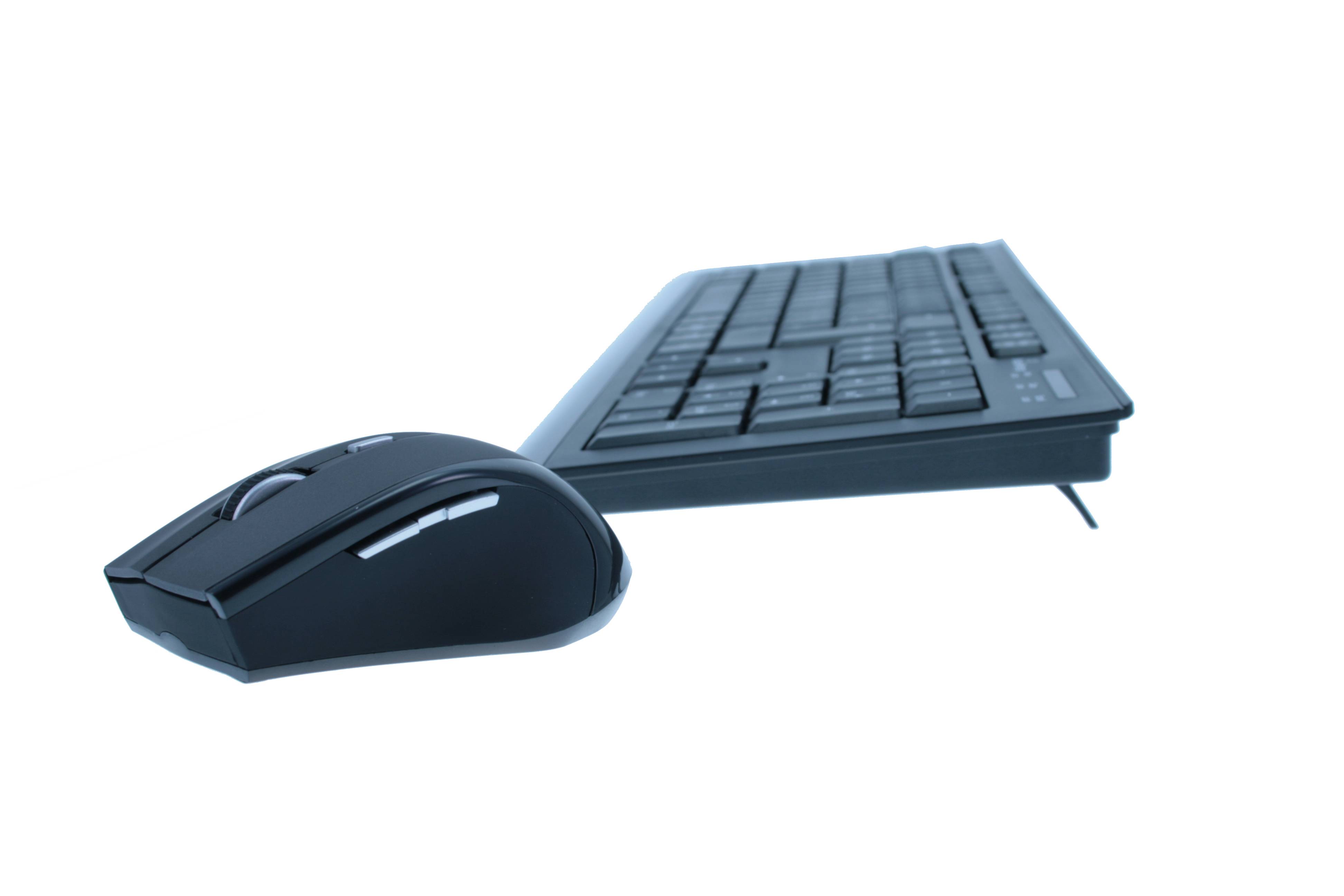 Schwarze kabellose Maus vor einer schlanken schwarzen Tastatur auf weißem Hintergrund.