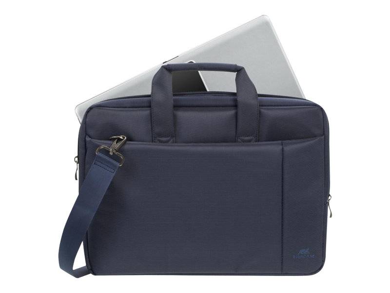 Marineblauer Laptop-Aktenkoffer mit Schultergurt, abgebildet mit einem teilweise sichtbaren silbernen Laptop dahinter.