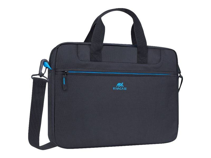 Schwarze Rivacase-Laptop-Aktentasche mit Griffen, Schultergurt und vorderer Reißverschlusstasche auf weißem Hintergrund.
