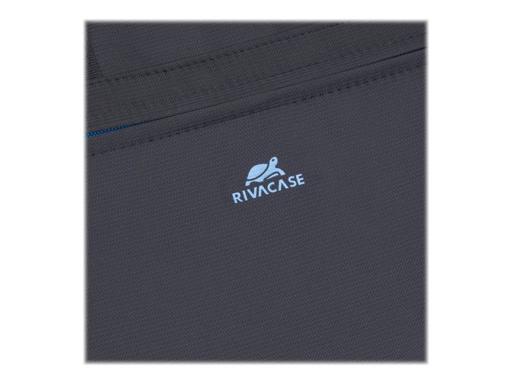 Nahaufnahme einer schwarzen Rivacase-Tasche mit Reißverschluss und zentriertem Markenlogo auf der Vorderseite.