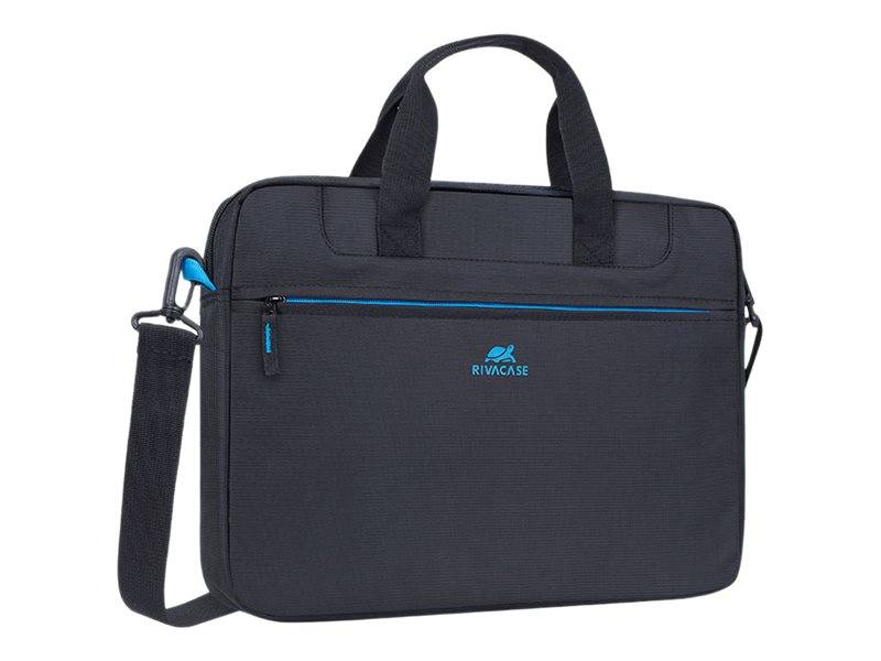 Schwarze Laptop-Aktentasche mit blauer Einfassung, Reißverschlusstasche vorne, Griffe und verstellbarer Schultergurt, auf weißem Hintergrund dargestellt.