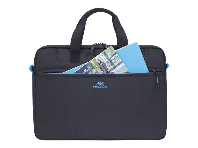 Schwarze Rivacase-Laptop-Tasche mit Griffen und vorderer Reißverschlusstasche, gezeigt mit einem Notizbuch und einer Mappe teilweise innen gegen einen weißen Hintergrund.