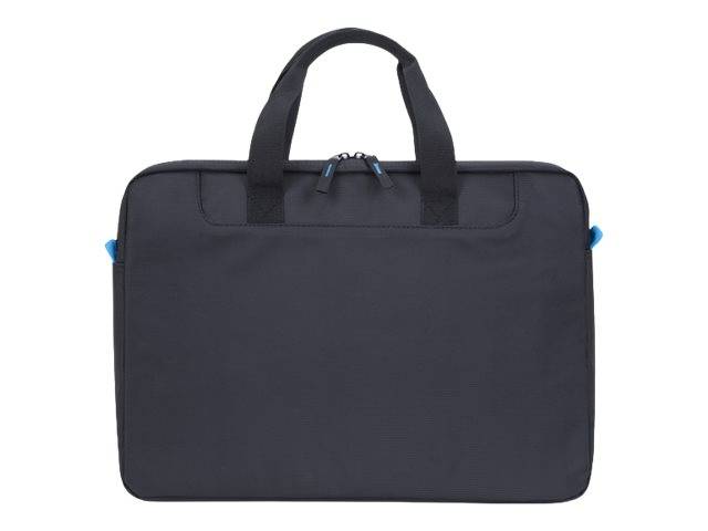 Schwarze Laptop-Aktentasche mit Griffen oben und Reißverschlussschloss, auf weißem Hintergrund dargestellt.