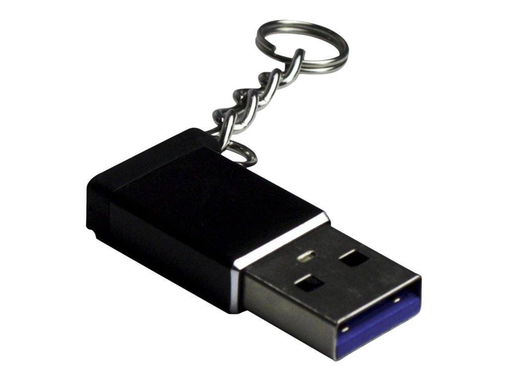 Schwarzer USB-Speicherstick mit Schlüsselanhänger und angebrachtem Metallring, dargestellt auf weißem Hintergrund.