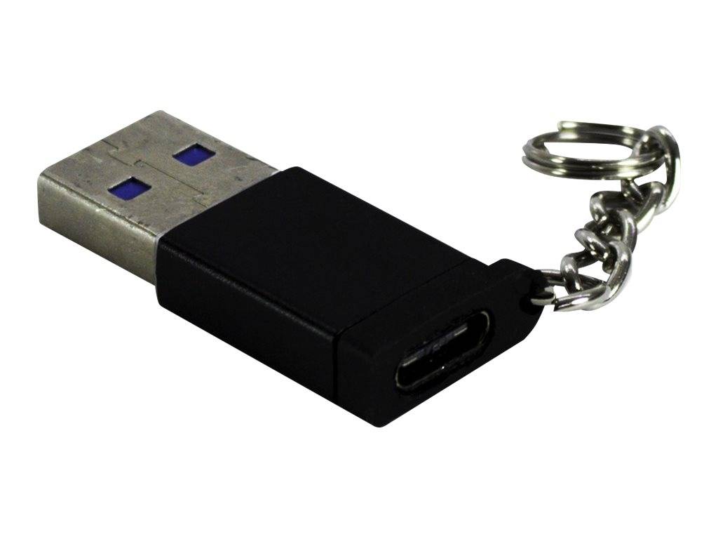 USB-Speicherstick als Schlüsselanhänger mit USB-A-Stecker an einem Ende und USB-C-Anschluss am anderen Ende, befestigt an einem Metallschlüsselring.