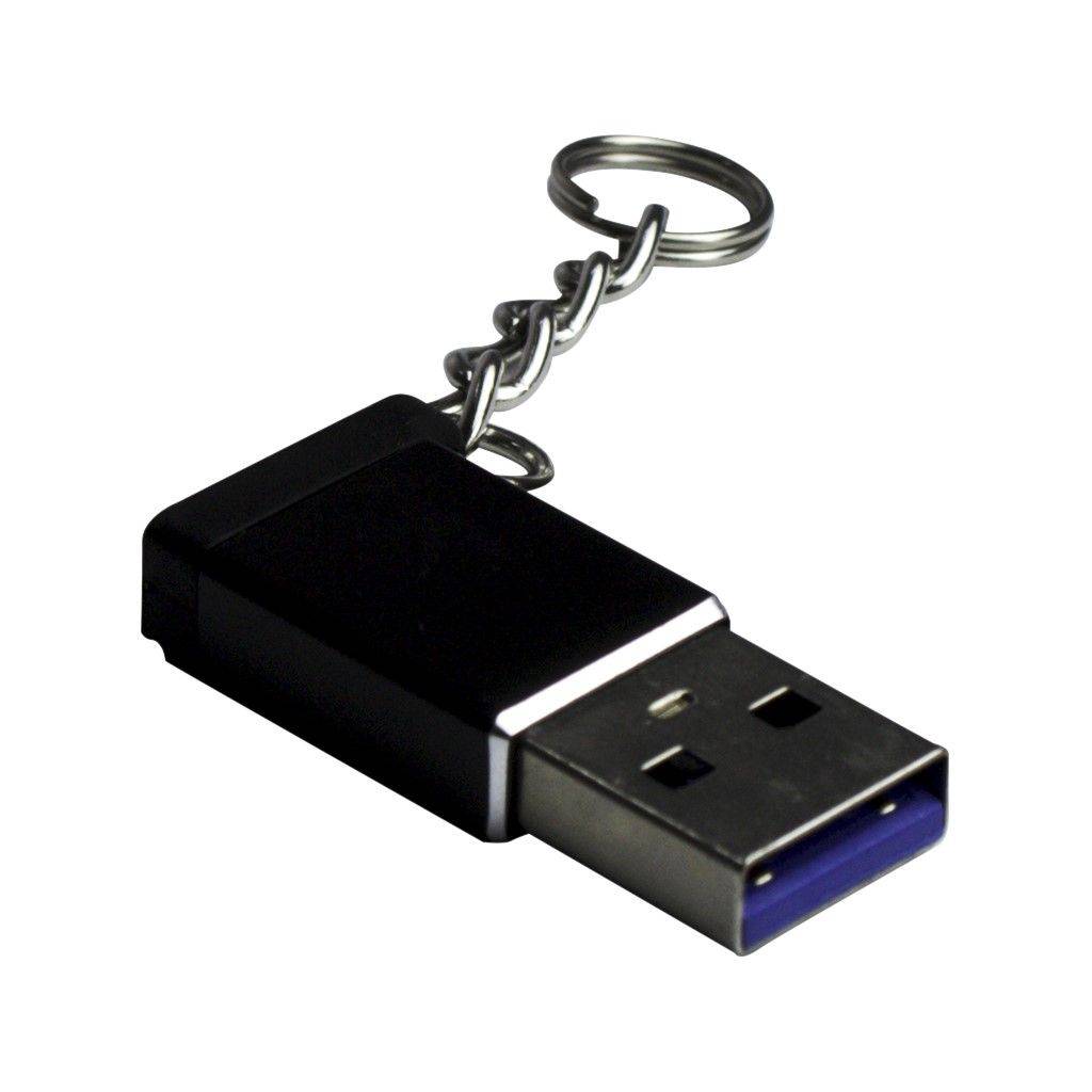 Schwarzer USB-Speicherstick mit Schlüsselanhänger auf weißem Hintergrund.