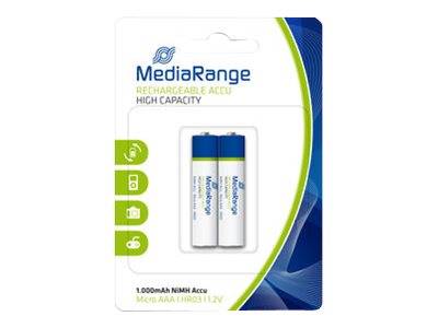 Verpackung für wiederaufladbare Hochleistungs-NiMH-Micro-AAA-Batterien von MediaRange, zeigt zwei Batterien in einer Blisterverpackung, 1000 mAh 1,2V.
