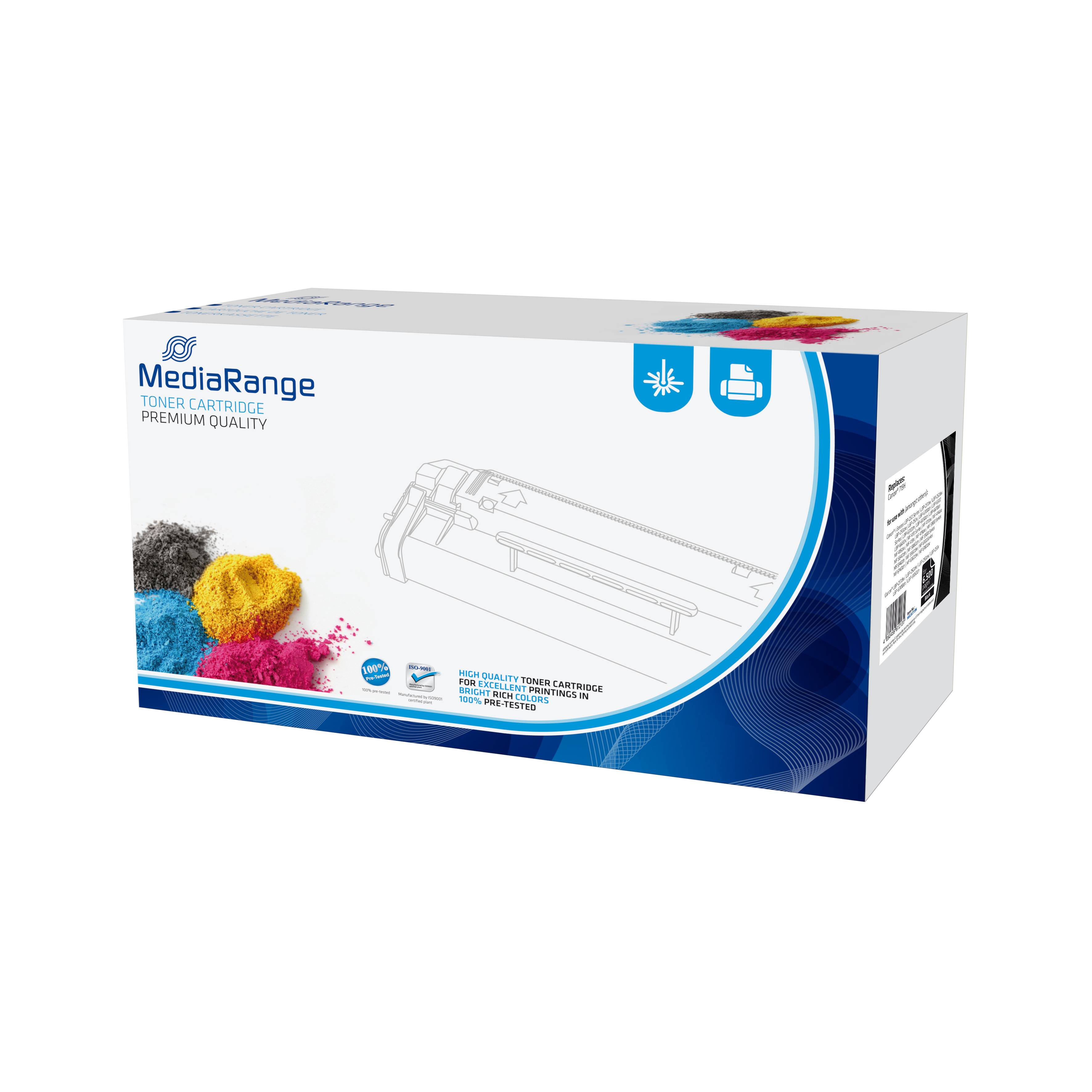 MediaRange Tonerpatrone Premiumqualität Box mit Grafikdarstellung von Cyan-, Magenta-, Gelb- und Schwarztonerpu lver auf der Vorderseite.