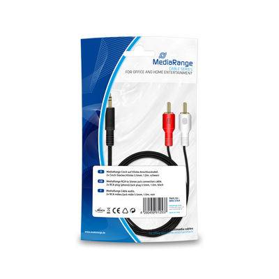 Verpackung für ein MediaRange 3-Cinch-Audio-/Videokabel-Set mit schwarzem Kabel und roten, weißen und schwarzen RCA-Steckern.