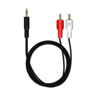 Schwarzes 3,5-mm-Audiokabel mit einem Stecker auf einer Seite und roten/weißen RCA-Steckern auf der anderen Seite.