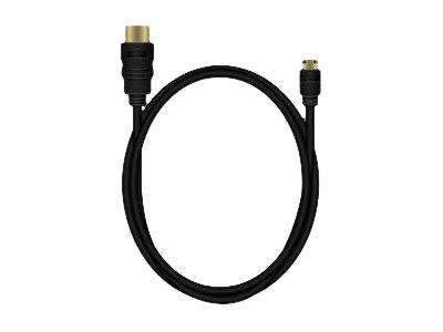 Schwarzes Kabel mit einem vergoldeten Stecker auf einer Seite und einem kleinen Stecker auf der anderen Seite, aufgerollt auf weißem Hintergrund gezeigt.