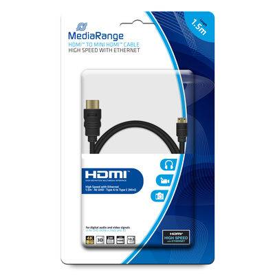 MediaRange 1,5m HDMI zu Mini-HDMI-Kabelpaket, das ein schwarzes Hochgeschwindigkeitskabel mit Ethernet für Audio- und Videoverbindungen zeigt.
