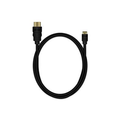 Schwarzes Kabel mit einem USB-C-Anschluss an einem Ende und einem größeren HDMI-ähnlichen Anschluss am anderen Ende, auf weißem Hintergrund dargestellt.