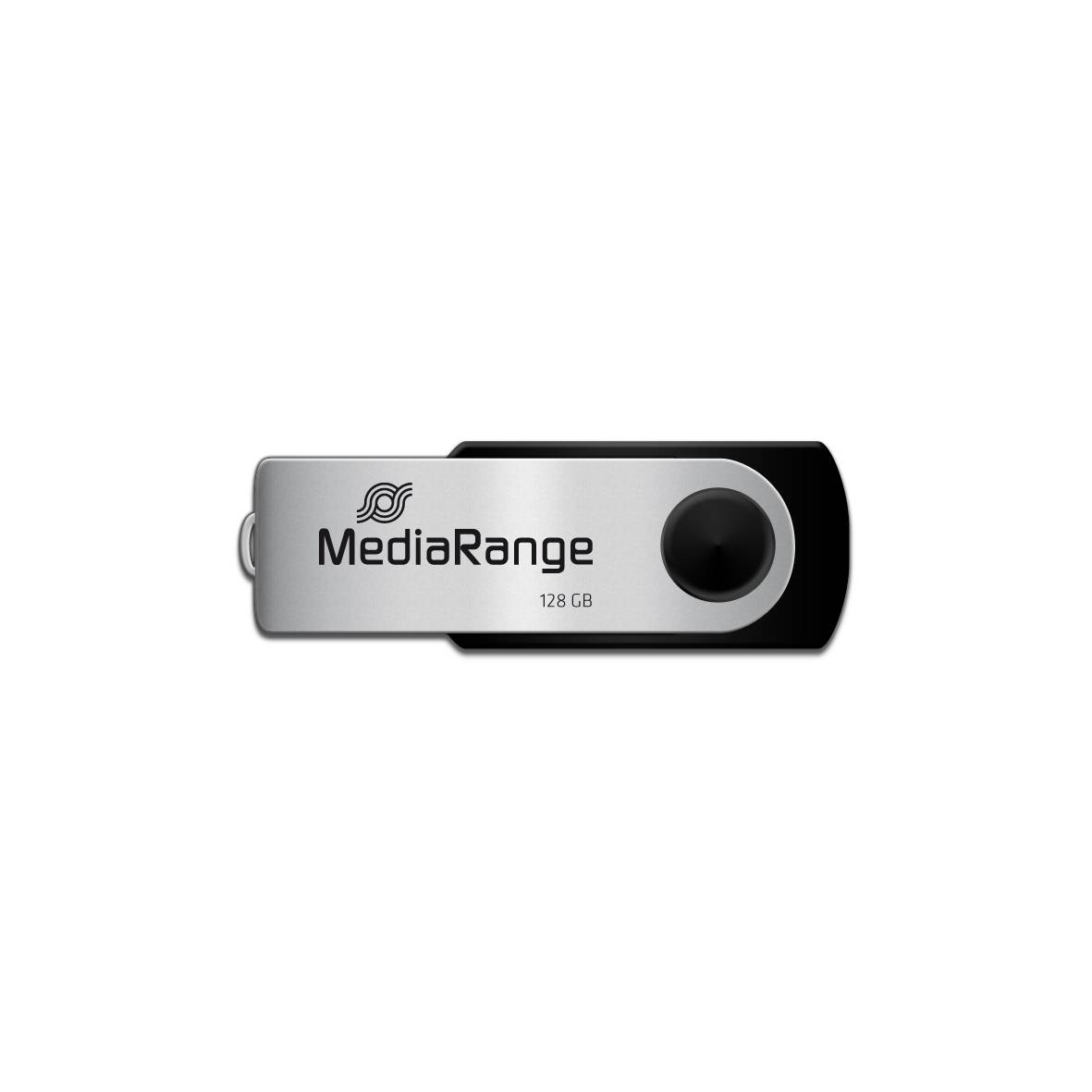 MediaRange 128 GB USB-Speicherstick, silber und schwarz, auf weißem Hintergrund dargestellt.