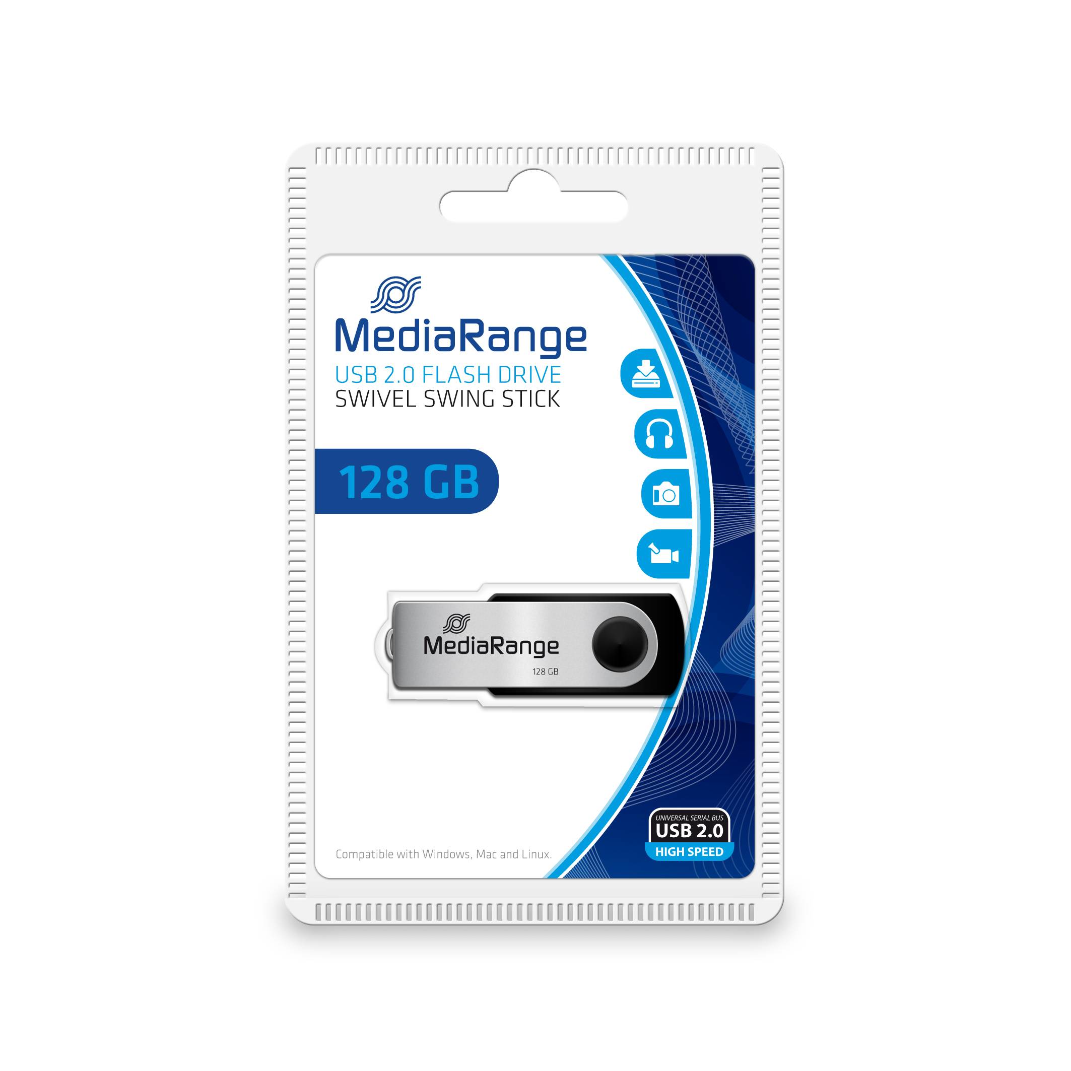 Verpackung für einen MediaRange 128 GB USB 2.0-Speicherstick mit Schwenkdesign, shown in retail blister pack.