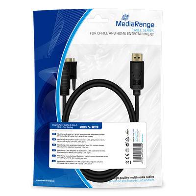 Paket eines MediaRange HDMI-Kabels, das das aufgerollte schwarze Kabel mit HDMI-Steckern und Produktinformationen für Büro und Heimunterhaltung zeigt.
