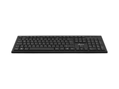 Schwarze Vollformat-Computertastatur auf weißem Hintergrund, von vorne dargestellt.