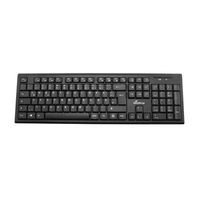 Schwarze Vollgröße-Computertastatur auf einfachem weißem Hintergrund.